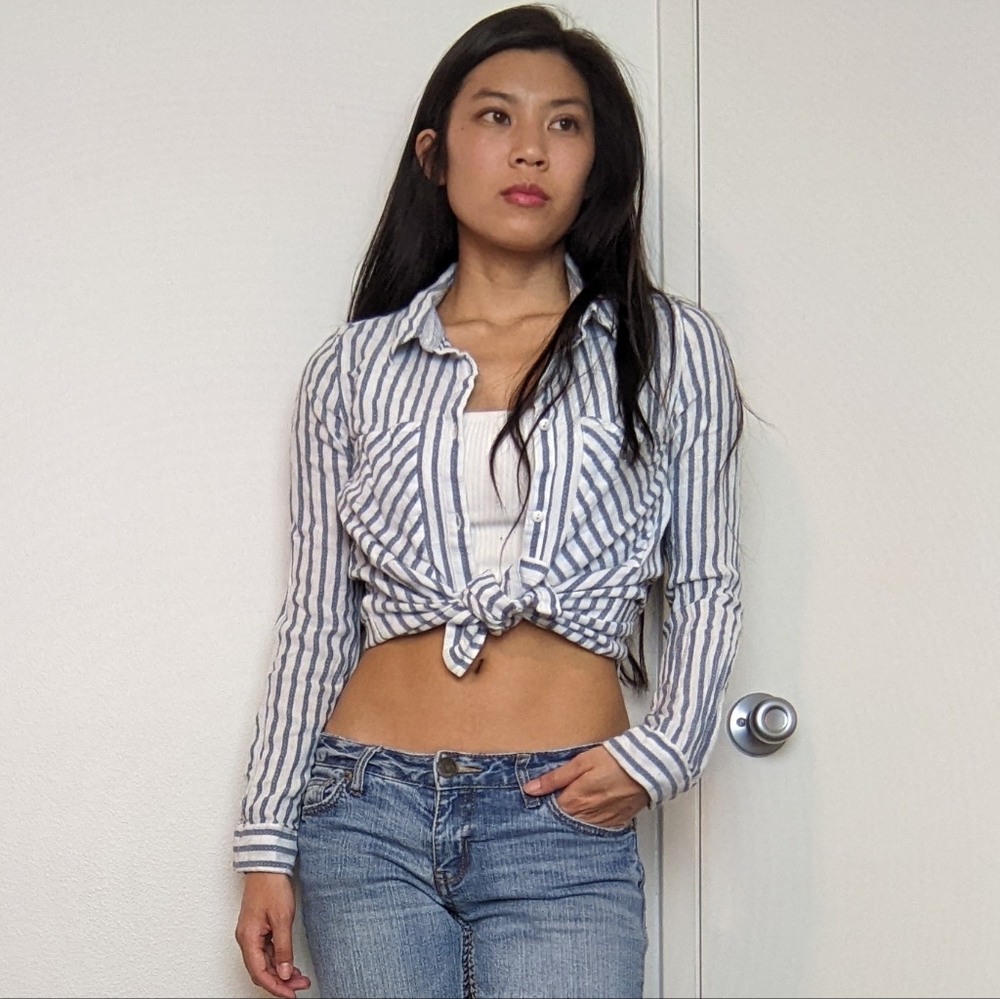 Light blue and white striped button up